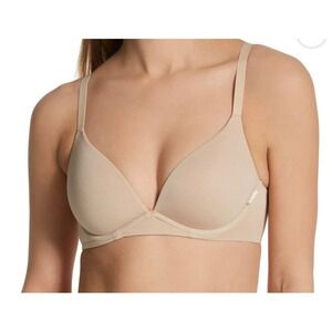 DKNY Table Tops Modal Plunge Bra Nude Beige 34D DK7389 Underwire Ribbed Stretch